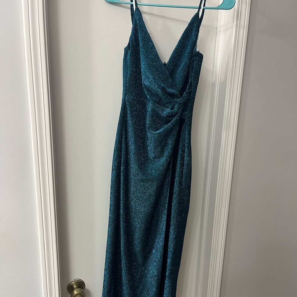 Lulus Teal Blue Sparkly Twist Front Maxi Dress